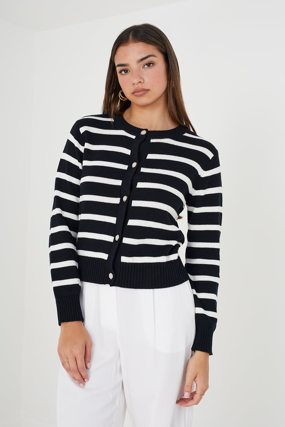 Brave Soul Navy Striped Knitted Cardigan - Navy Image 1