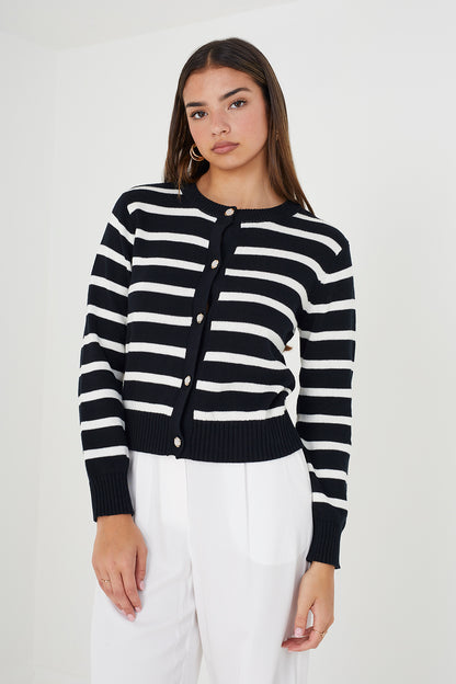 Brave Soul Navy Striped Knitted Cardigan - Navy Image 1