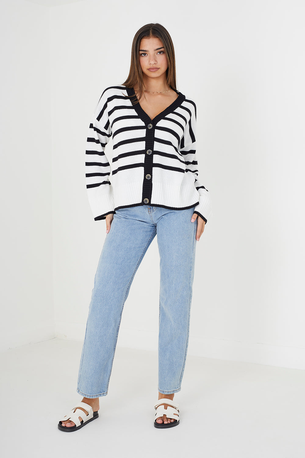 Brave Soul Ivory V-Neck Striped Cardigan - Ivory Image 1