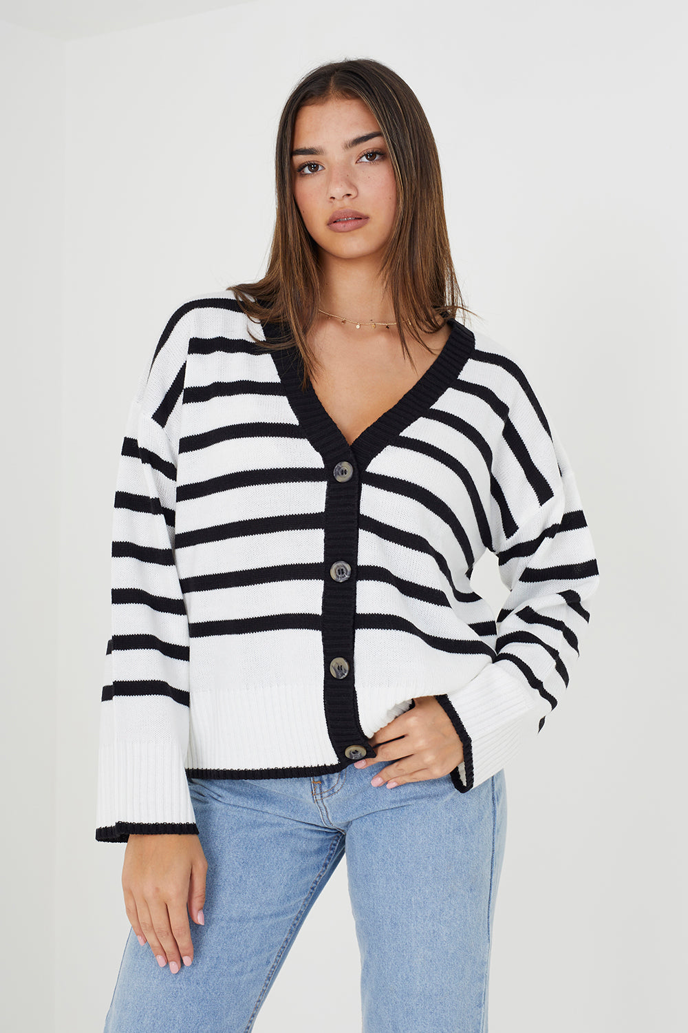 Brave Soul Ivory V-Neck Striped Cardigan - Ivory Image 2