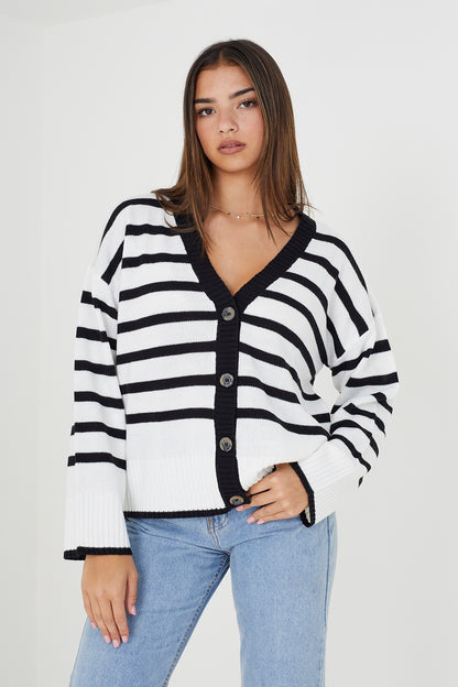 Brave Soul Ivory V-Neck Striped Cardigan - Ivory Image 2