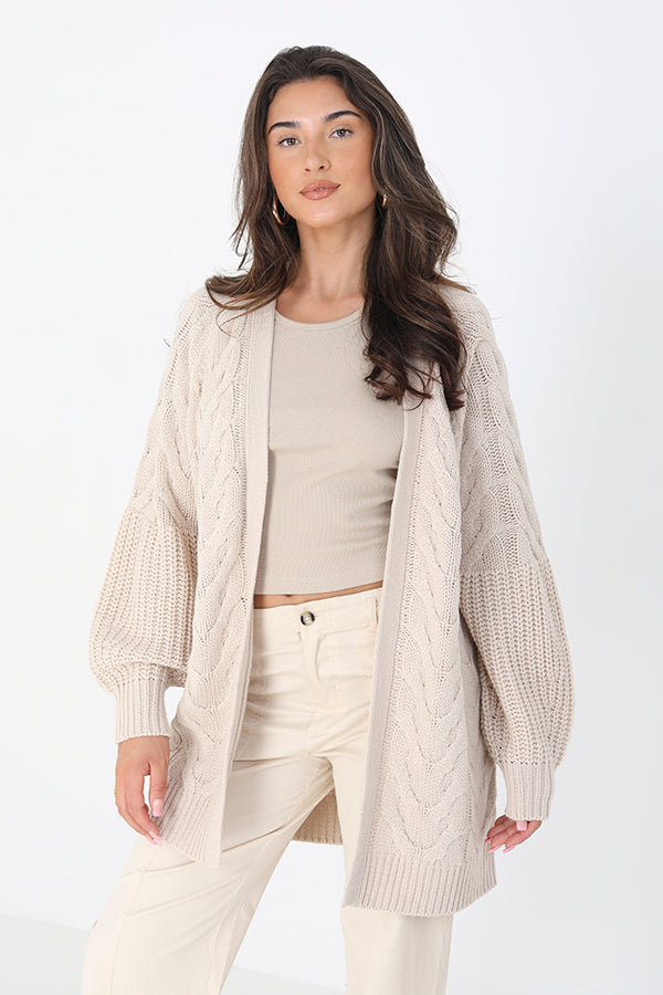 Brave Soul Stone Cable Detail Cardigan With Balloon Sleeves - Stone Image 1