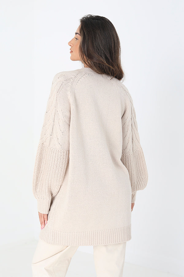 Brave Soul Stone Cable Detail Cardigan With Balloon Sleeves - Stone Image 2