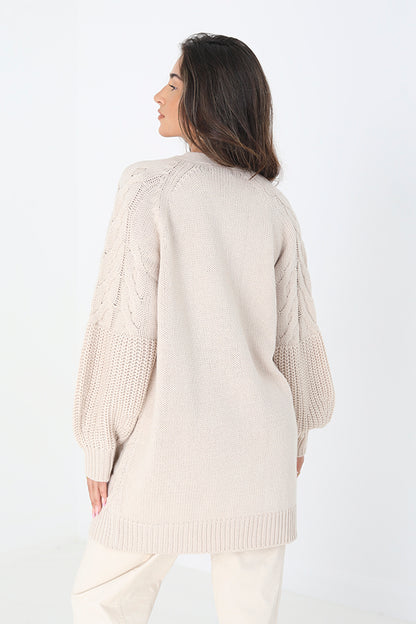 Brave Soul Stone Cable Detail Cardigan With Balloon Sleeves - Stone Image 2