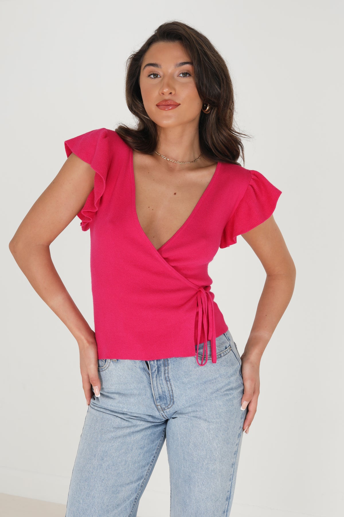 Brave Soul Cerise Ribbed V Neck Wrap Top - Cerise Image 1