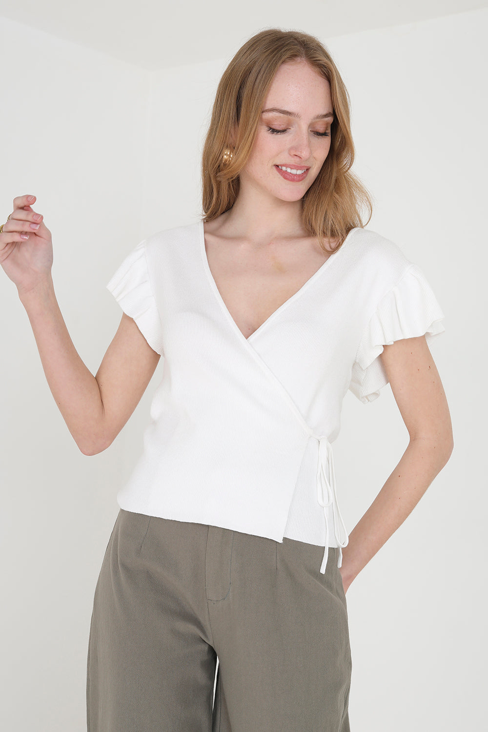 Brave Soul White Ribbed V Neck Wrap Top - White Image 1