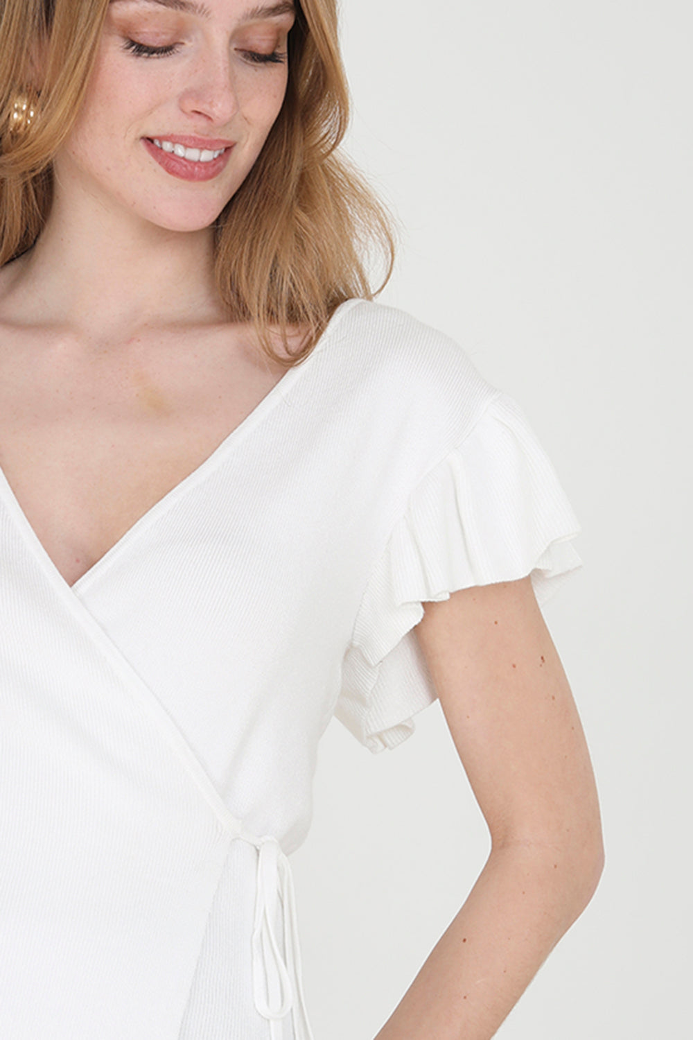 Brave Soul White Ribbed V Neck Wrap Top - White Image 3