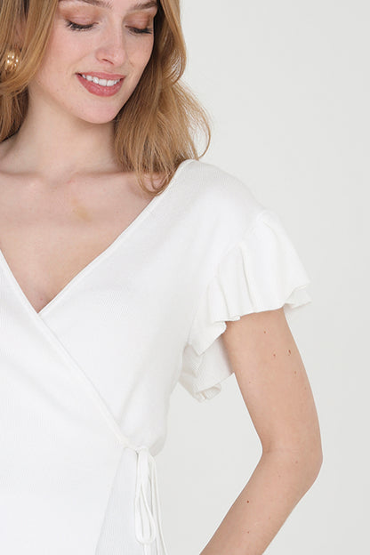Brave Soul White Ribbed V Neck Wrap Top - White Image 3