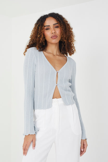 Brave Soul Grey Ribbed Knitted Cardigan with Wide Sleeve - Grey Image 1