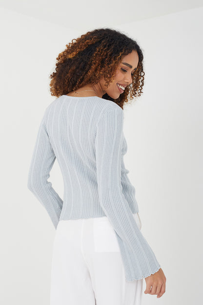 Brave Soul Grey Ribbed Knitted Cardigan with Wide Sleeve - Grey Image 2