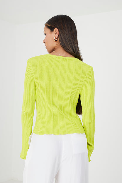 Brave Soul Lime Ribbed Knitted Cardigan with Wide Sleeve - Lime Image 2
