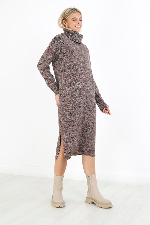 Brave Soul Brown Twisted Knit Roll Neck Midi Jumper Dress - Brown Image 1