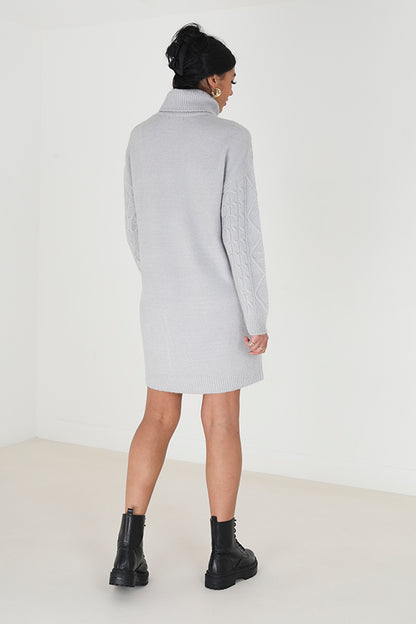 Brave Soul Grey Roll Neck Cable Knit Jumper Dress - Grey Image 2