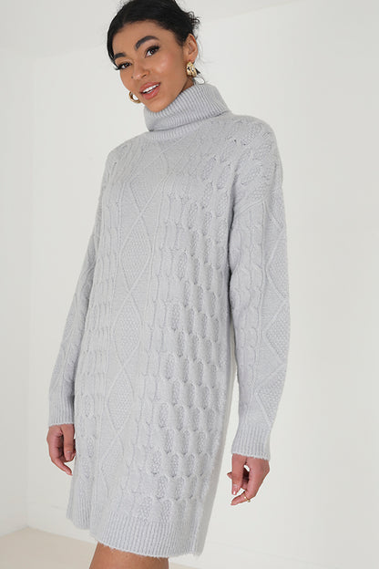 Brave Soul Grey Roll Neck Cable Knit Jumper Dress - Grey Image 3
