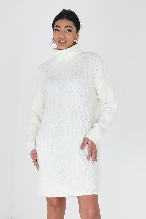 Brave Soul Cream Roll Neck Cable Knit Jumper Dress - Cream Image 1