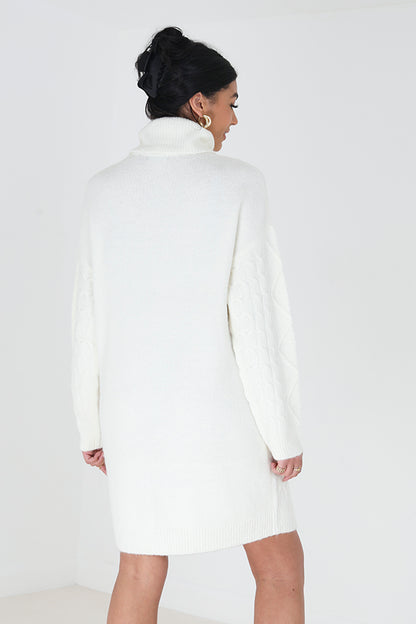 Brave Soul Cream Roll Neck Cable Knit Jumper Dress - Cream Image 2