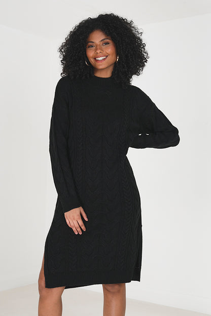 Brave Soul Black Longline Cable Knit Jumper Dress - Black Image 1