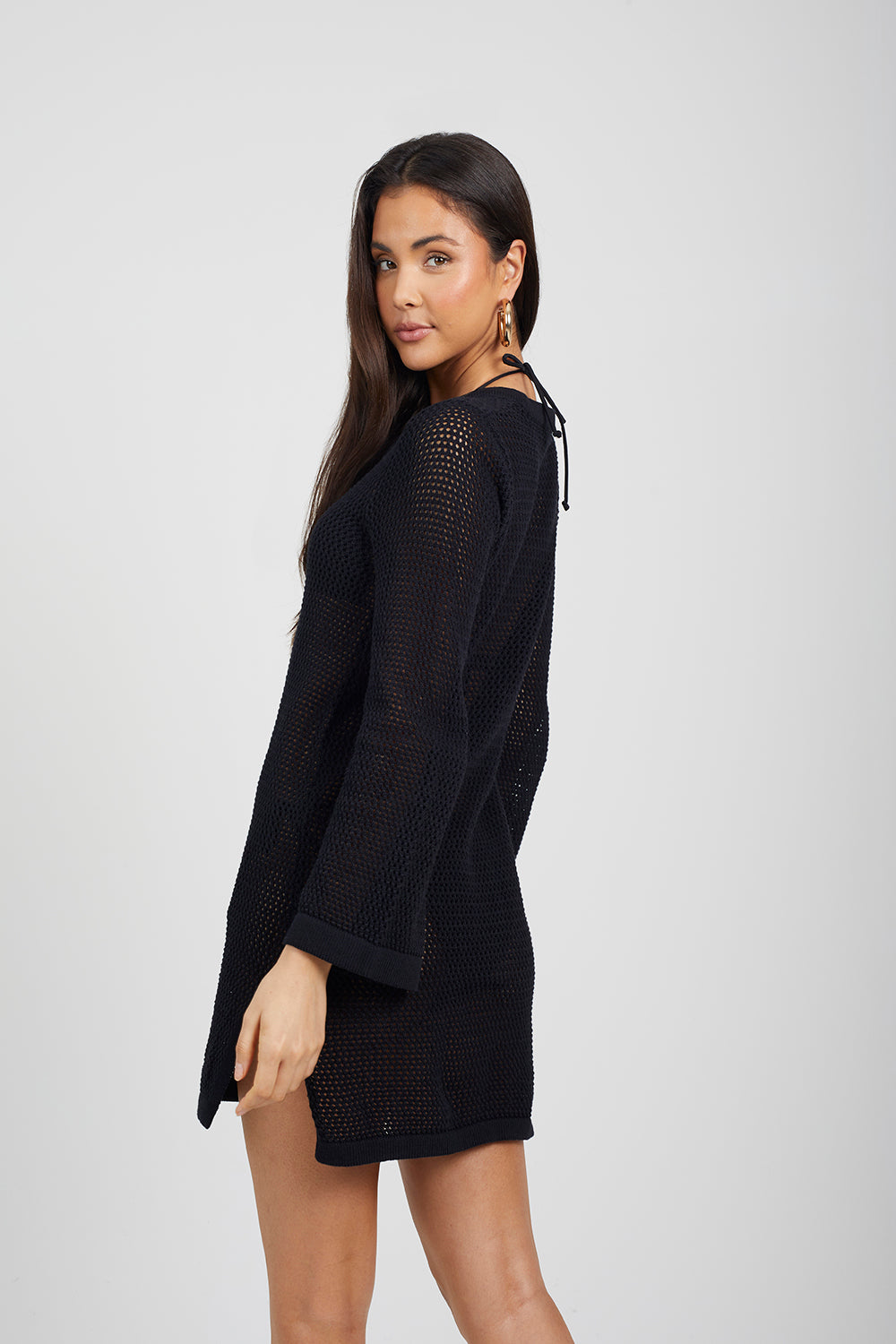 Brave Soul Black Long Sleeve Knit Mesh Dress With Eyelet Detail - Black Image 2