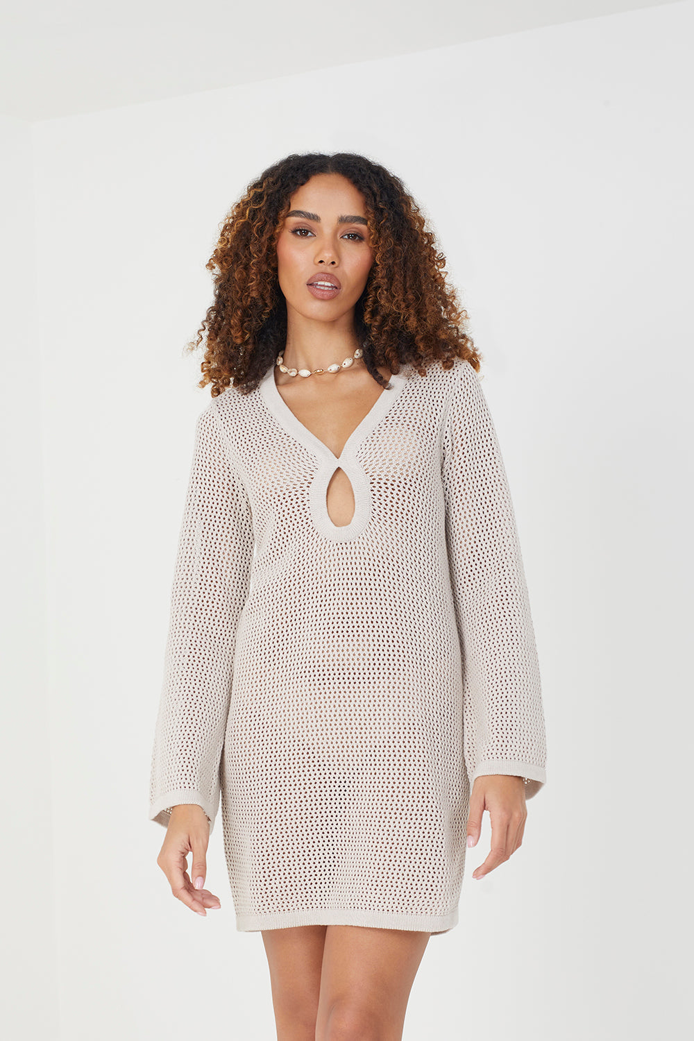 Brave Soul Stone Long Sleeve Knit Mesh Dress With Eyelet Detail - Stone Image 1
