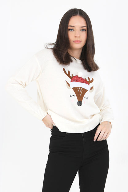 Brave Soul Cream Reindeer Novelty Christmas Jumper - Cream Image 1