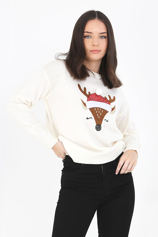 Brave Soul Cream Reindeer Novelty Christmas Jumper - Cream Image 1