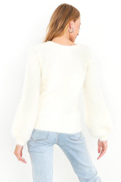 Brave Soul Cream Sequin Owl Fluffy Christmas Jumper - Cream Image 2