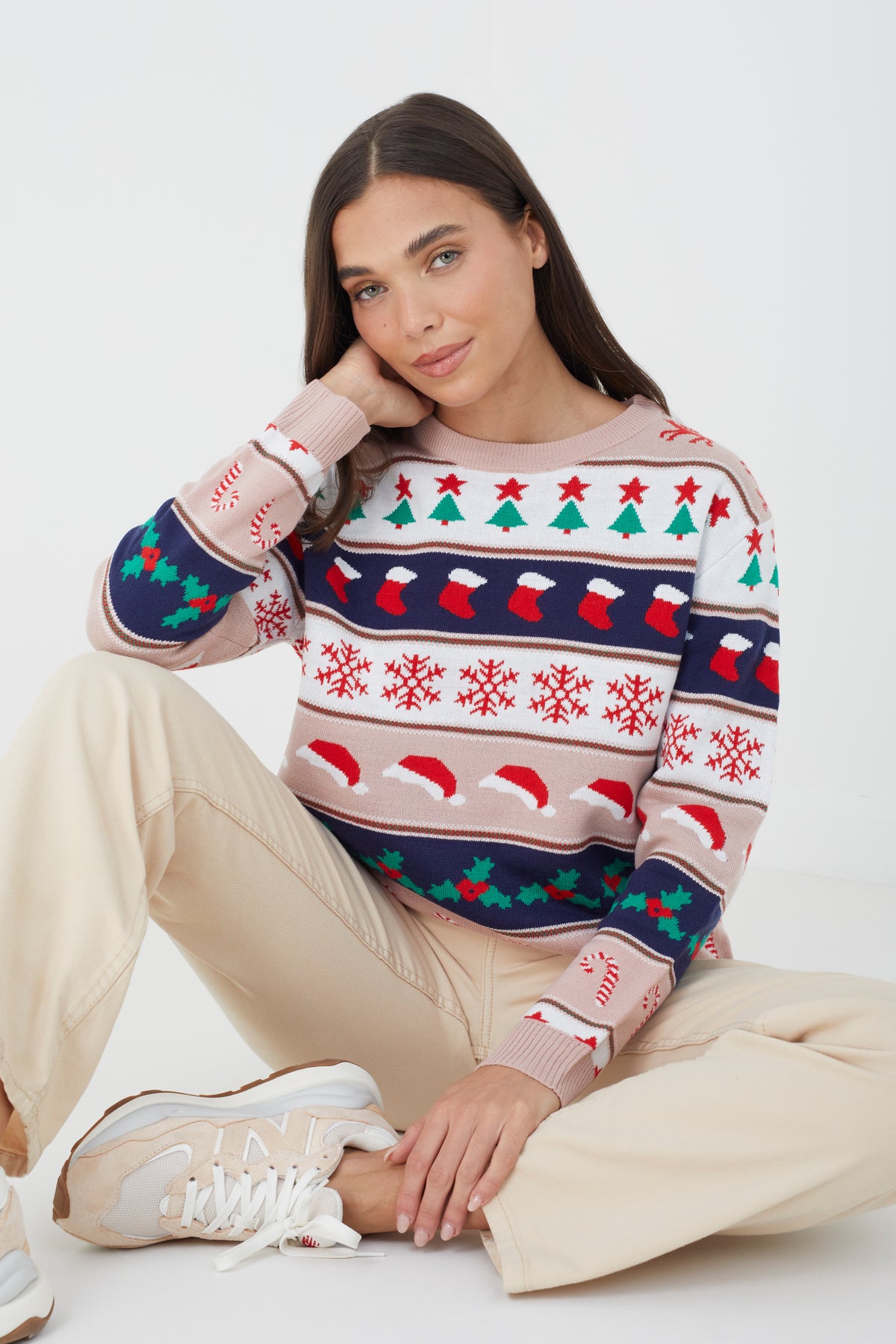 Brave Soul Pink Oversized Fairisle Christmas Jumper - Pink Image 1