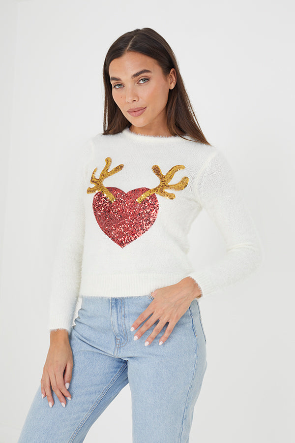 Brave Soul Cream Sequin Fluffy Knit Christmas Jumper - Cream Image 1