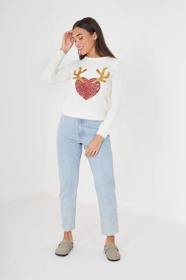 Brave Soul Cream Sequin Fluffy Knit Christmas Jumper - Cream Image 3