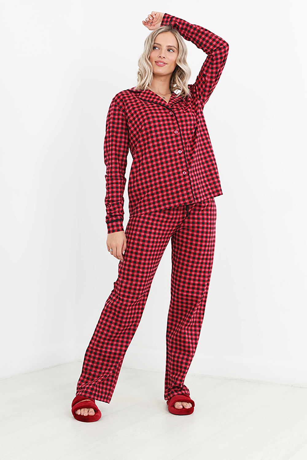 Brave Soul Red Cotton Gingham Button Through Pyjama Set - Red Image 1