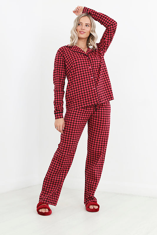 Brave Soul Red Cotton Gingham Button Through Pyjama Set - Red Image 1