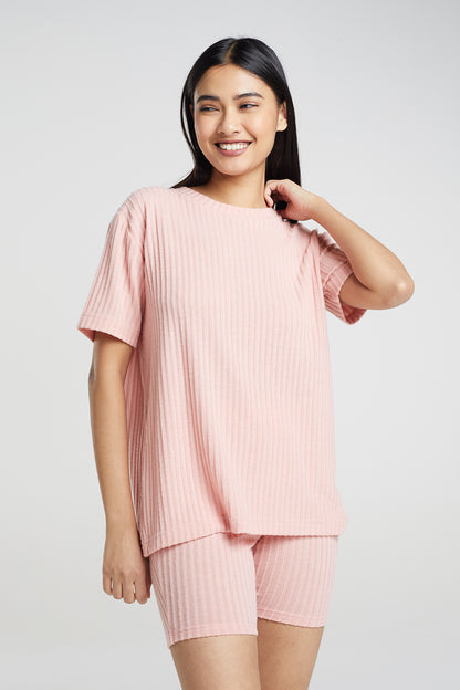 Brave Soul Pink Oversized T-shirt & Cycling Shirts Lounge Set - Pink Image 1
