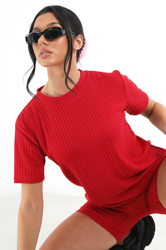 Brave Soul Red Oversized T-shirt & Cycling Shirts Lounge Set - Red Image 1