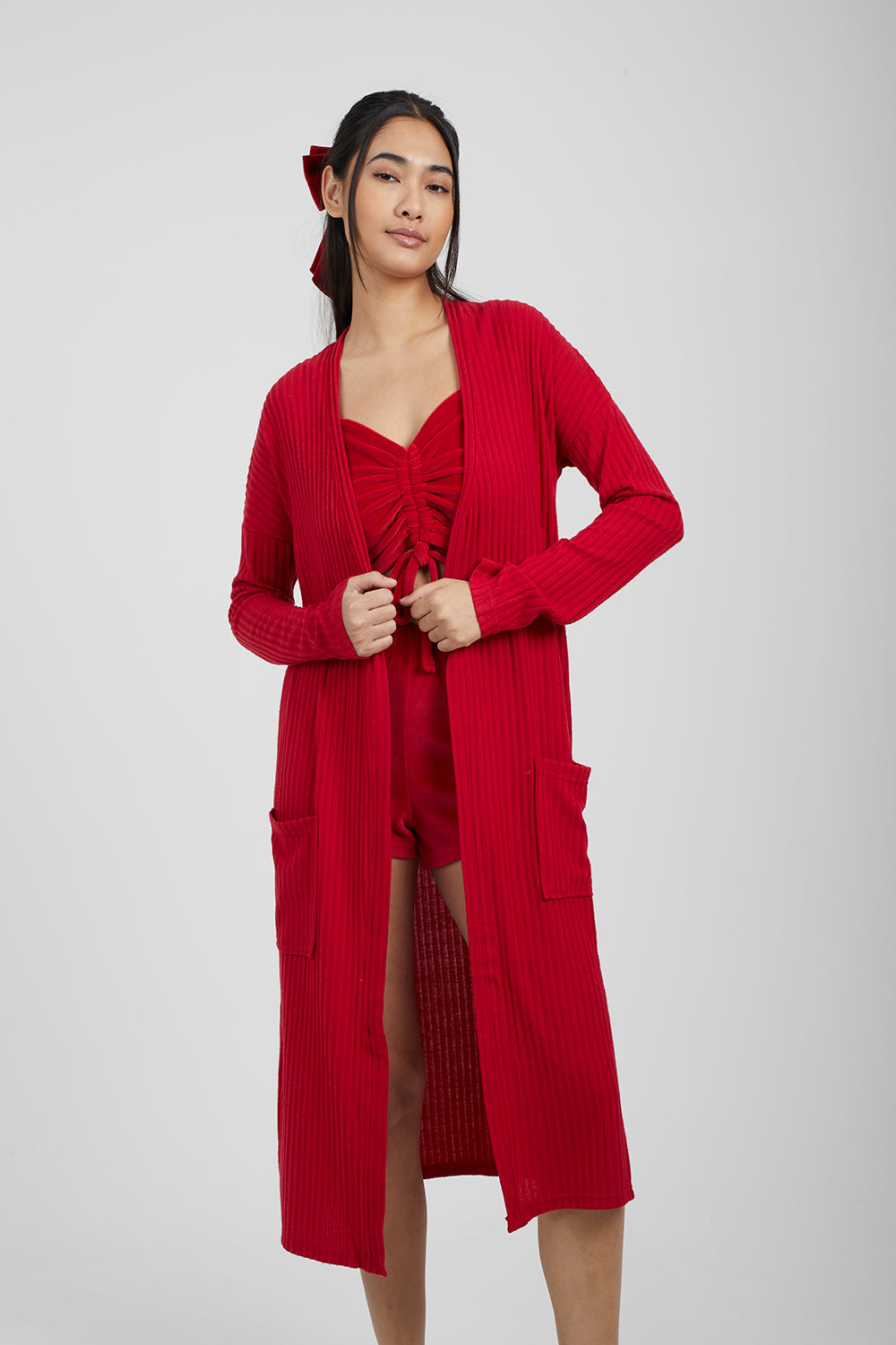 Brave Soul Red Ribbed Oversized Lounge Cardigan - Red Image 1