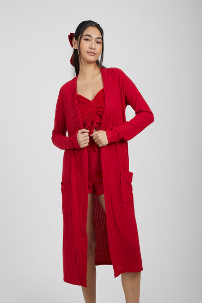 Brave Soul Red Ribbed Oversized Lounge Cardigan - Red Image 1