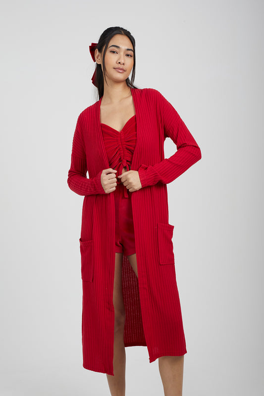 Brave Soul Red Ribbed Oversized Lounge Cardigan - Red Image 1