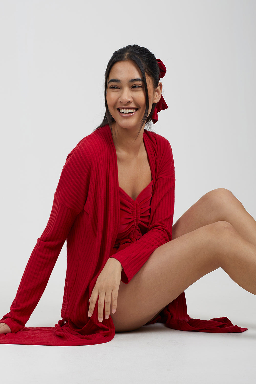 Brave Soul Red Ribbed Oversized Lounge Cardigan - Red Image 3