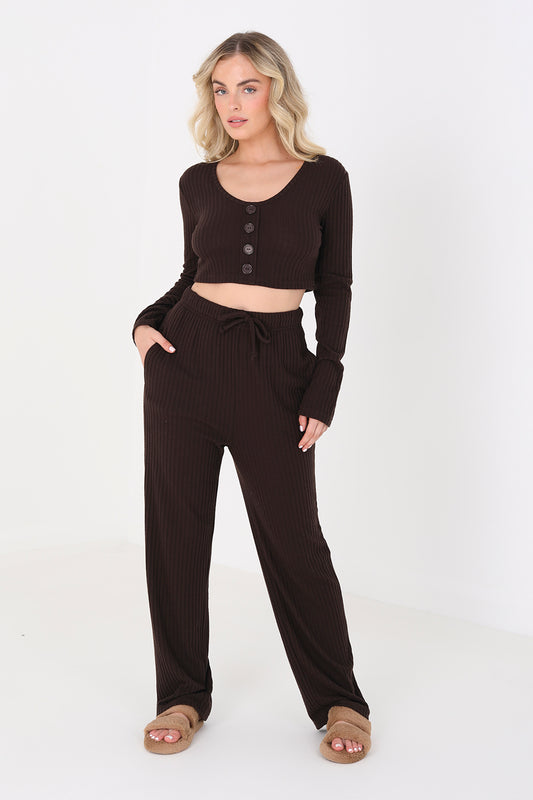 Brave Soul Chocolate Cropped Long Sleeve & Wide Leg Lounge Set - Chocolate Image 1