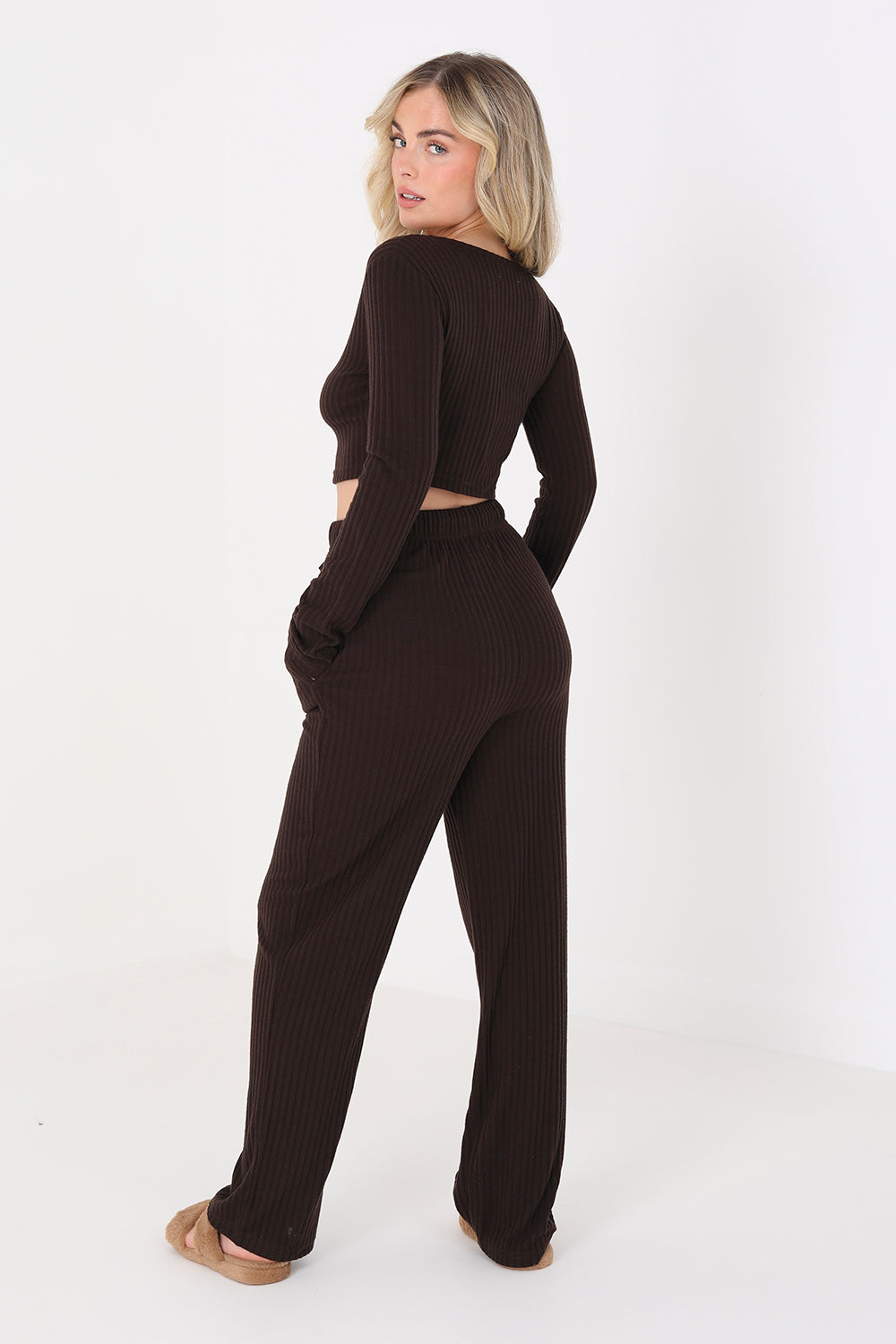 Brave Soul Chocolate Cropped Long Sleeve & Wide Leg Lounge Set - Chocolate Image 2