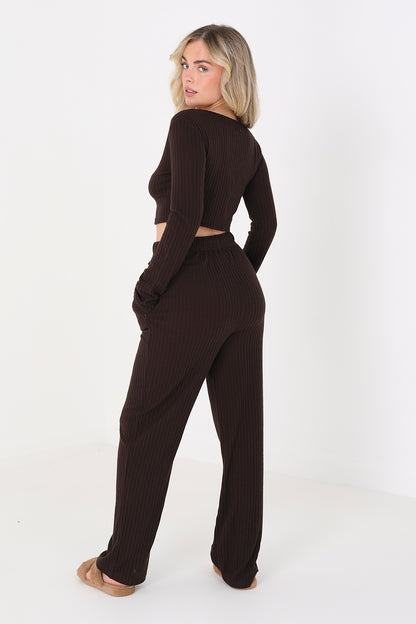 Brave Soul Chocolate Cropped Long Sleeve & Wide Leg Lounge Set - Chocolate Image 2
