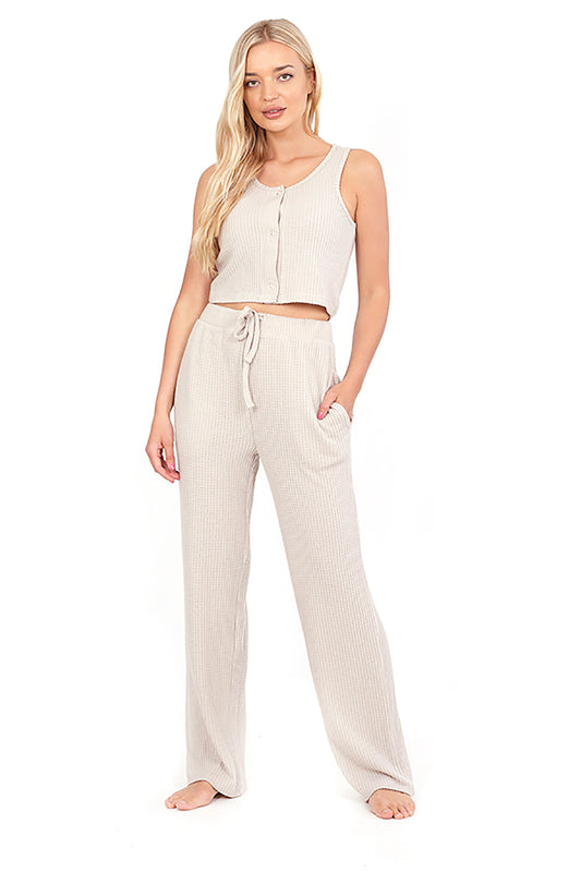 Brave Soul Natural Cropped Vest & Wide Leg Waffle Lounge Set - Natural Image 1