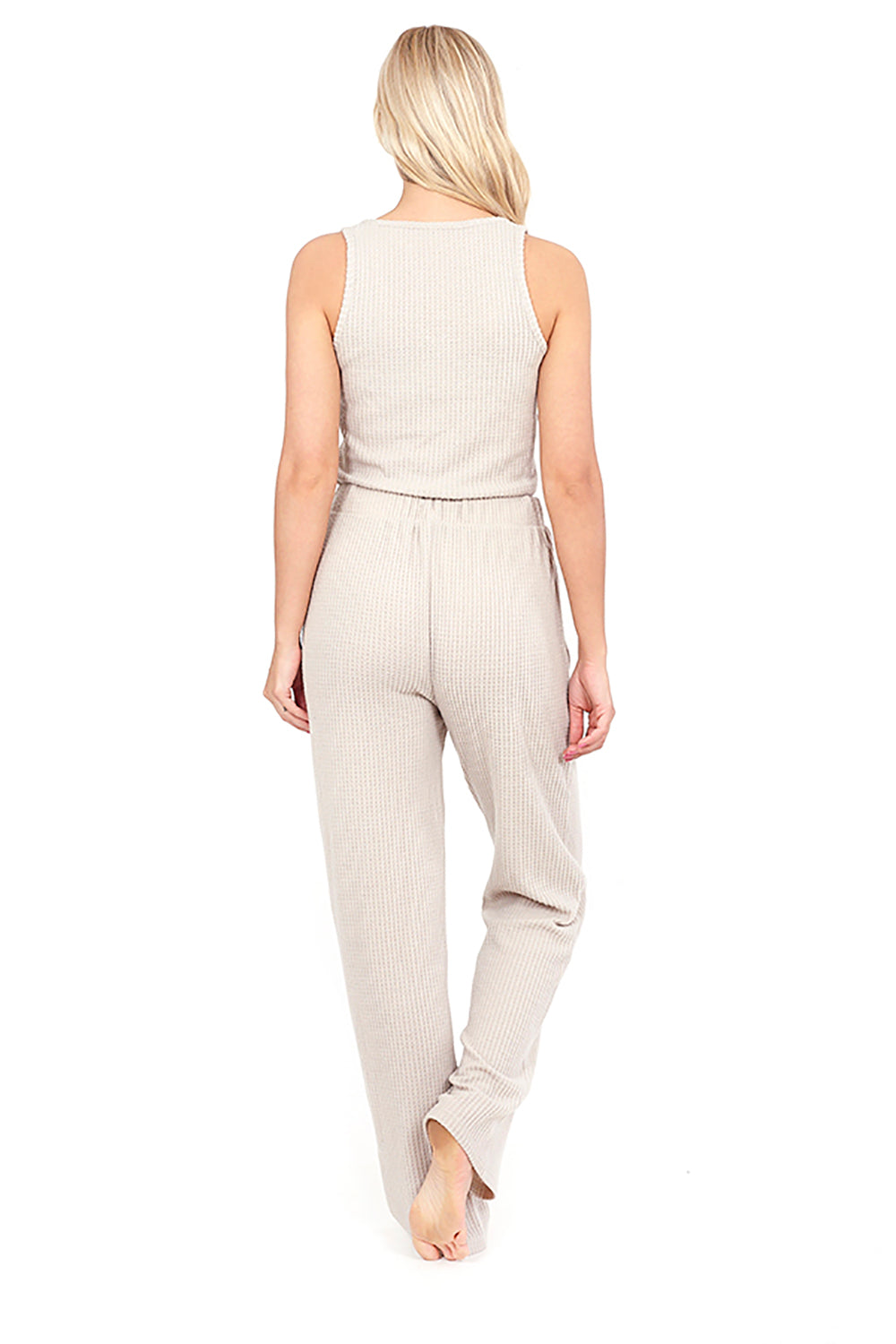 Brave Soul Natural Cropped Vest & Wide Leg Waffle Lounge Set - Natural Image 2