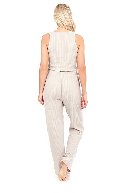 Brave Soul Natural Cropped Vest & Wide Leg Waffle Lounge Set - Natural Image 2