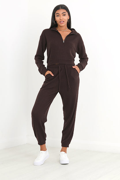 Brave Soul Brown Waffle Loungewear Set - Brown Image 1