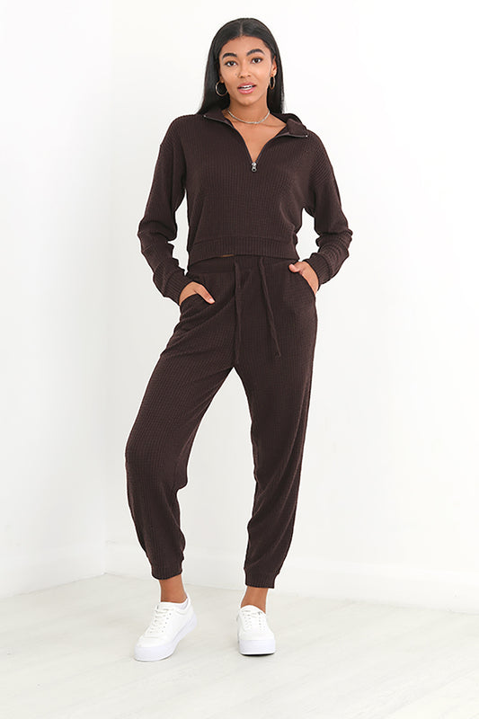 Brave Soul Brown Waffle Loungewear Set - Brown Image 1