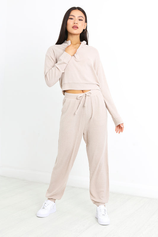 Brave Soul Beige Waffle Loungewear Set - Beige Image 1