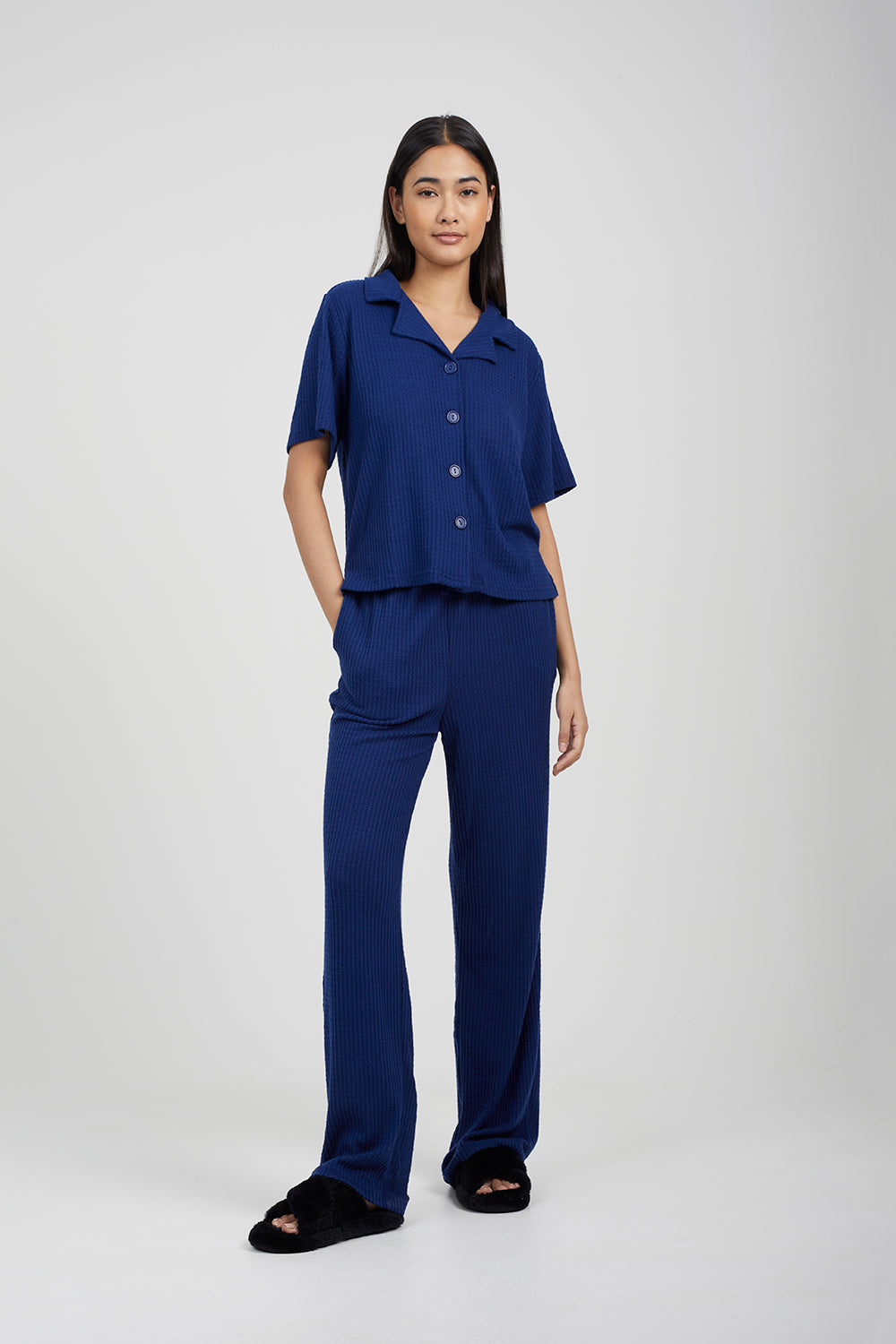Brave Soul Navy Waffle Button Shirt & Trouser Co Ord - Navy Image 1