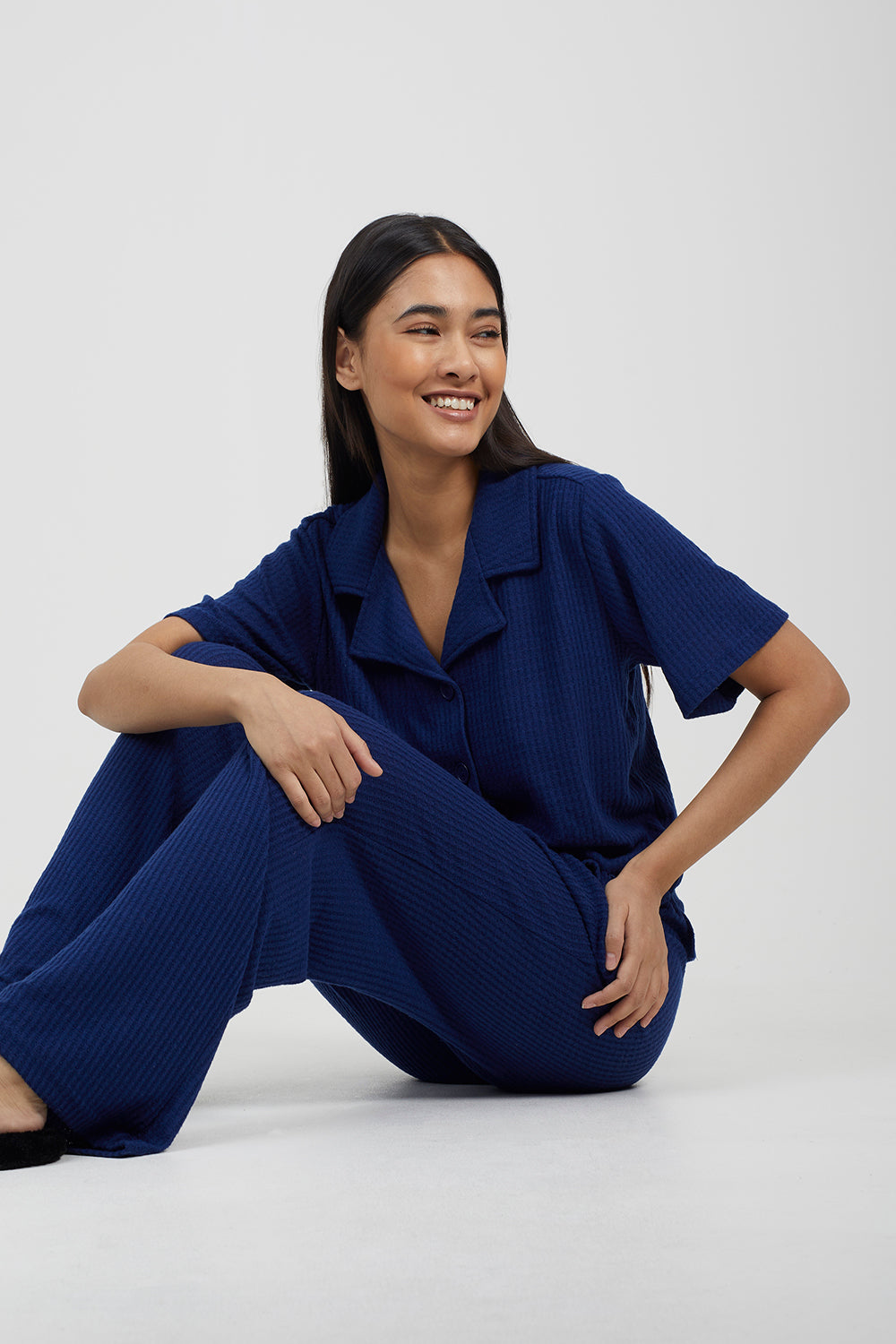 Brave Soul Navy Waffle Button Shirt & Trouser Co Ord - Navy Image 3