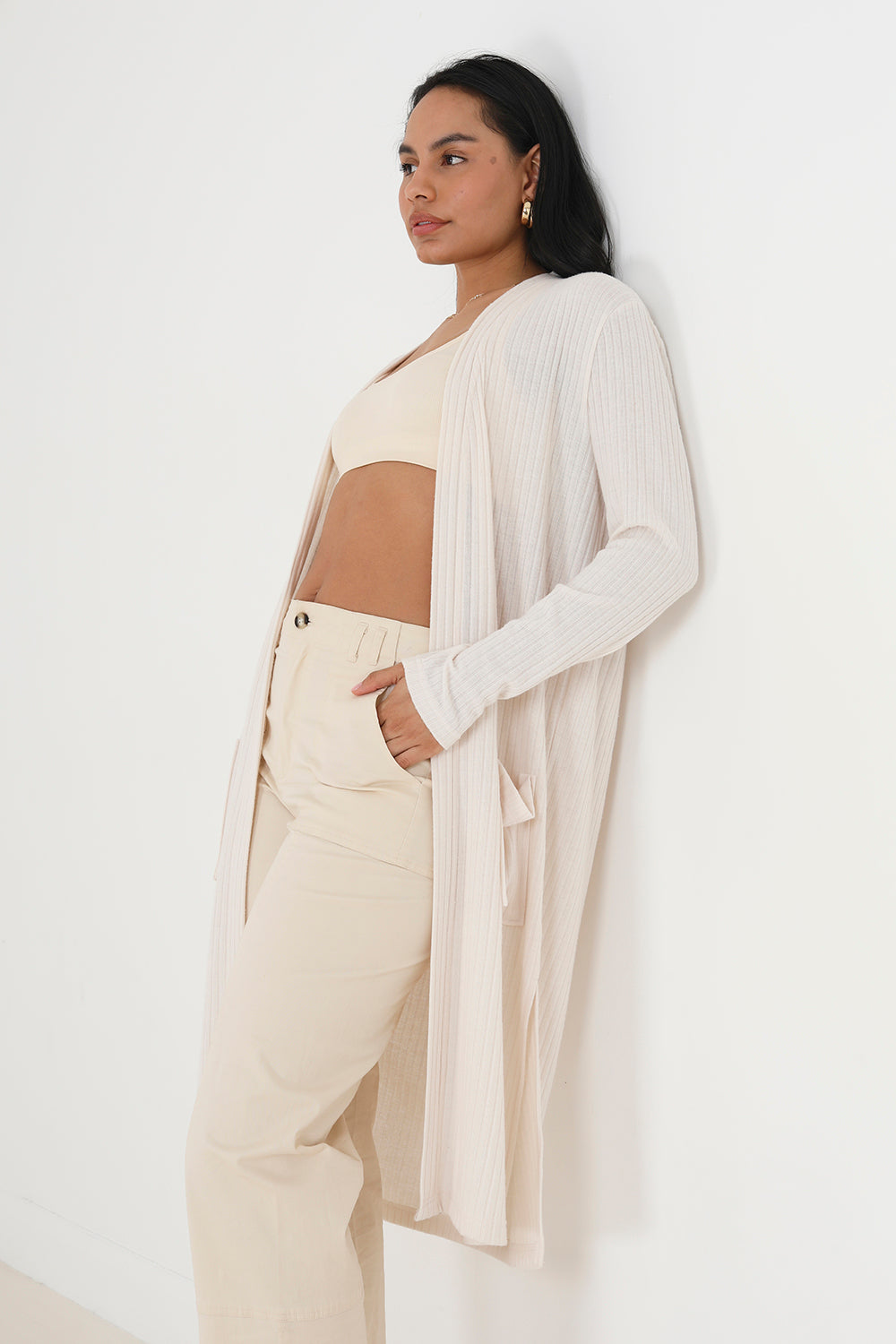 Brave Soul Ivory Ribbed Oversized Lounge Cardigan - Ivory Image 1
