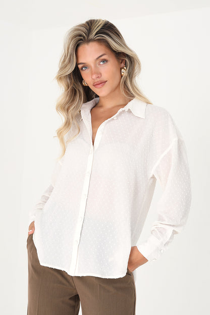 Brave Soul Cream Long Sleeve Dobby Chiffon Shirt - Cream Image 1